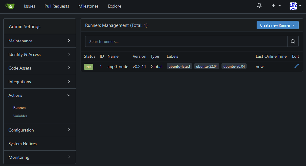 gitea runner admin interface showing newly created runner